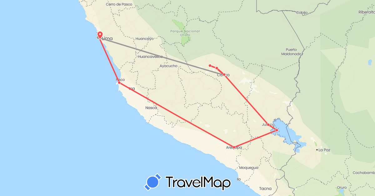TravelMap itinerary: driving, plane, hiking in Peru (South America)